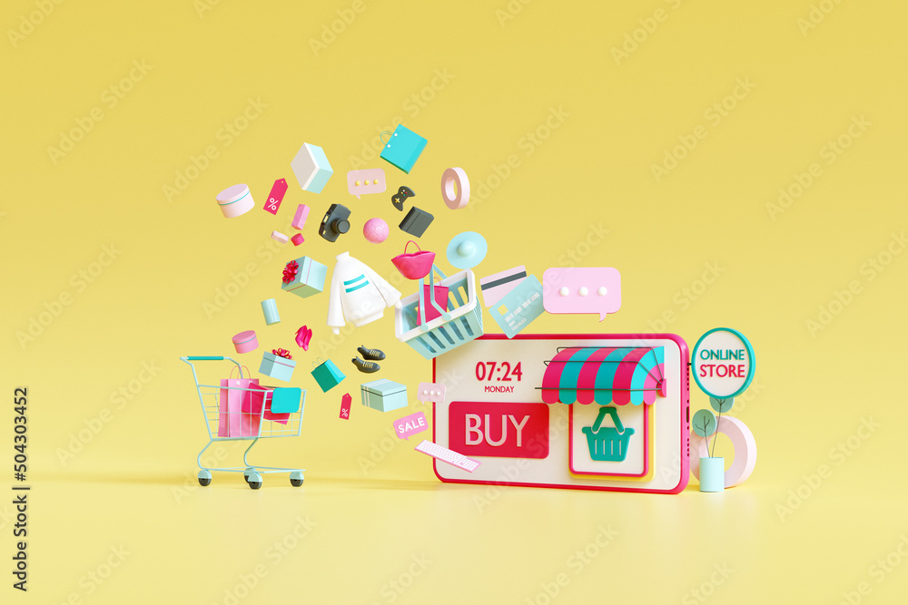 Poster shopping on line application. shopping on mobile. online store on website. mobile application. 3d re