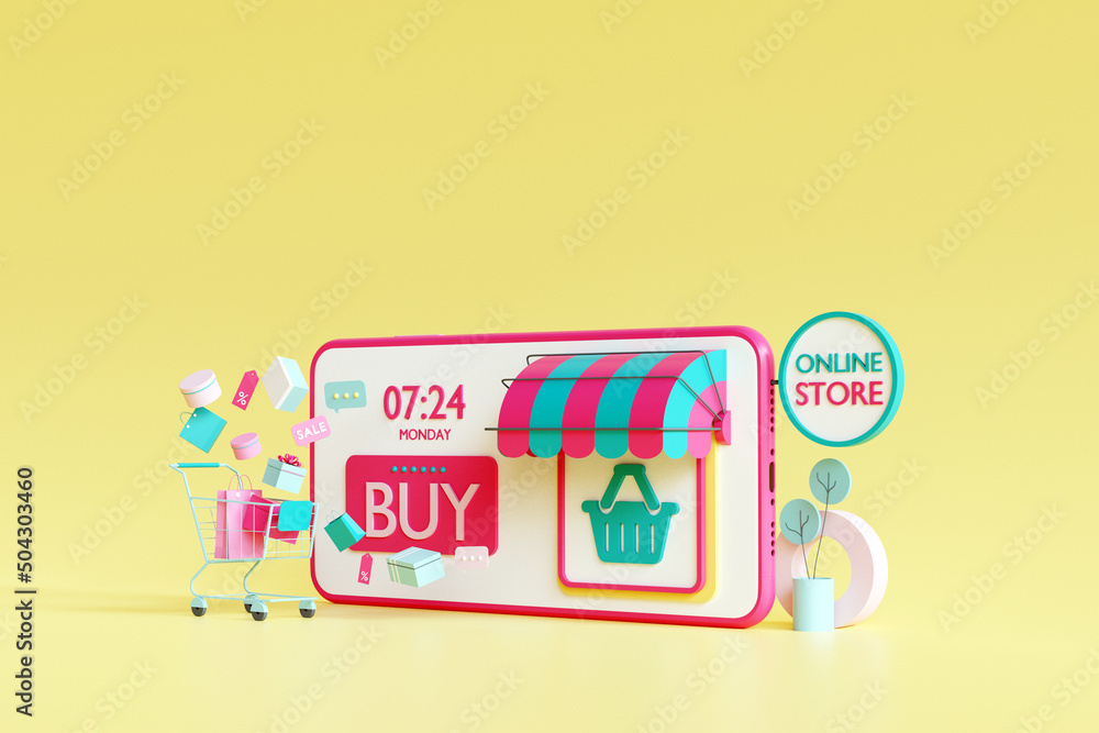 Poster shopping on line application. shopping on mobile. online store on website. mobile application. 3d re