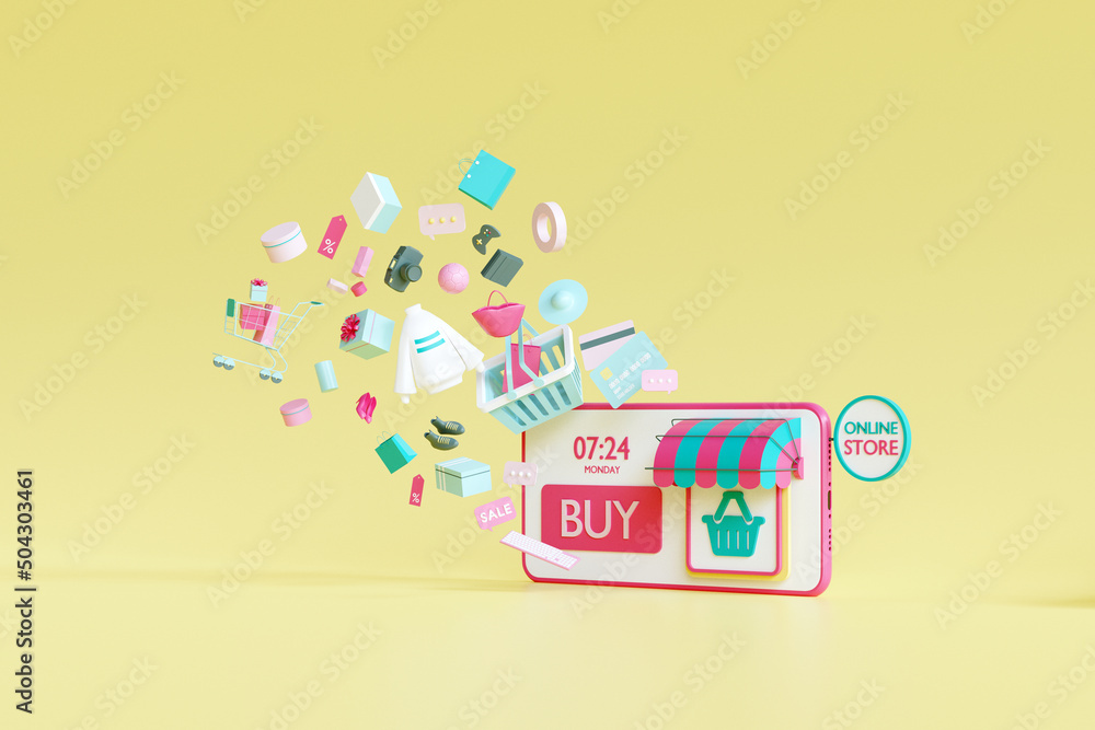 Aufkleber shopping on line application. shopping on mobile. online store on website. mobile application. 3d re