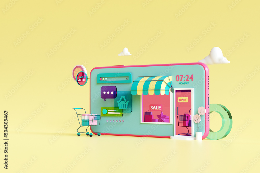Poster shopping on line application. shopping on mobile. online store on website. mobile application. 3d re