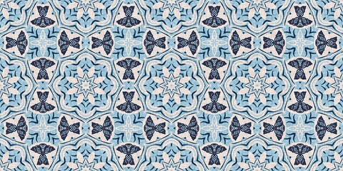 Indigo blue red batik geo nautical seamless border pattern. Modern marin geometric kaleidoscope banner. Nantucket fabric textile style. Summer rustic masculine worn linen effect edging trim tape 