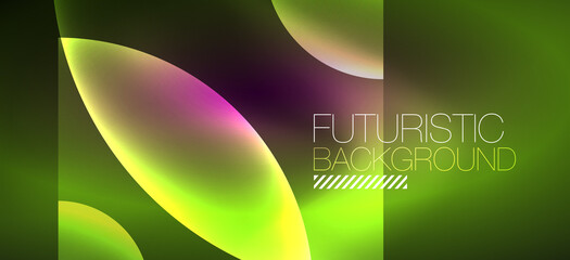 Abstract background with neon glowing light effects. Round shapes, triangles and circles. Wallpaper for concept of AI technology, blockchain, communication, 5G, science, business and technology