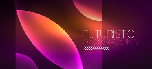 Abstract background with neon glowing light effects. Round shapes, triangles and circles. Wallpaper for concept of AI technology, blockchain, communication, 5G, science, business and technology