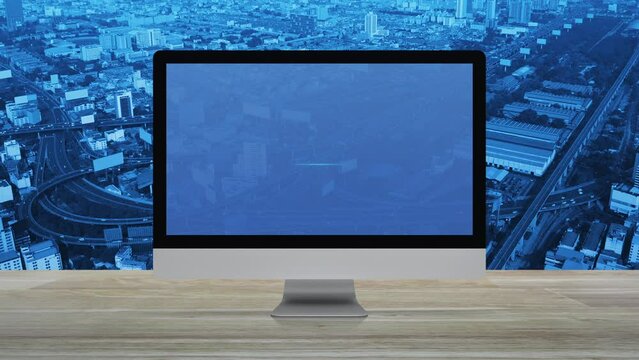 Law flat icon on desktop modern computer monitor screen on wooden table over city tower, street, expressway and skyscraper, Business legal service online concept