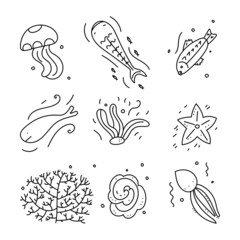undersea animals stroke vector illustration set