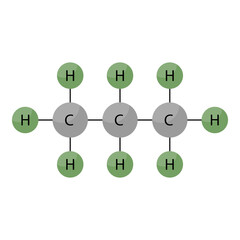 Obraz na płótnie Canvas Propane, organic chemical compound, molecule. Stick model and infographic