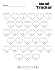 Pixel hearts. Printable mood tracker for a month. Monochrome blank page template with numbers for each day. - 504306271