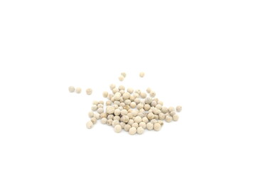 Whole white pepper spice or Piper nigrum dried berries isolated on white background.