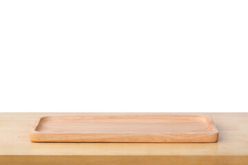 Empty sushi bamboo tray board on wood table white background. Bamboo products that have been processed into trays for use in the kitchen. Top view of plank wood for graphic stand design product.