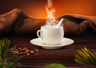 Una taza de café con granos en la mesa 