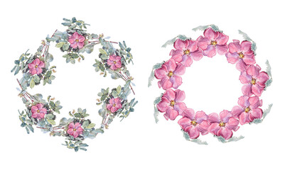 Set watercolor circle frame border template for design. Branch with flower dog rose isolated on white background. Hand-drawn summer plant with leaves. Copy space. Clipart for wedding invitation