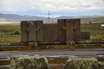 Stone walls uncovered by archaeologists at the Puma Punku, a UNESCO world heritage site. Tiwanaku, Bolivia