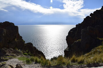 View of Lake Titicaca between two rocks. Copacabana, Bolivia