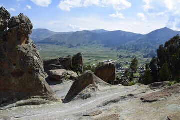 View of the cliffs and Lake Titicaca. Copacabana, Bolivia