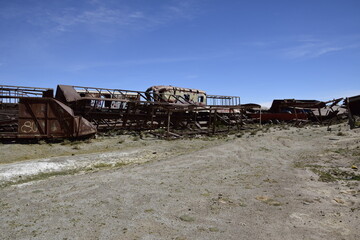 old rusty trains at the antique train cemetery close to the salt flats of Uyuni. Bolivia.