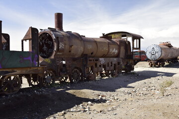 old rusty trains at the antique train cemetery close to the salt flats of Uyuni. Bolivia.