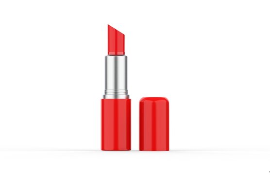 Glossy red velvet lipstick tube mockup for branding, blank opened and closed fondant plastic casing mock up, 3d render illustration.