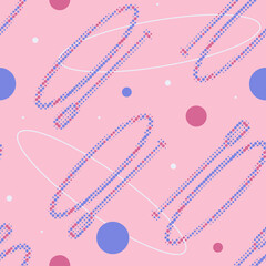 Seamless pattern with SUP board and standing paddle made up of dots. Endless vector sports label. SUP in flat design style in pink, lilac and purple colors.