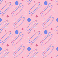 Seamless pattern with SUP board and standing paddle made up of dots. Endless vector sports label. SUP in flat design style in pink, lilac and purple colors.