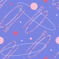 Seamless pattern with SUP board and standing paddle made up of dots. Endless vector sports label. SUP in flat design style in pink, lilac and purple colors.