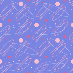 Seamless pattern with SUP board and standing paddle made up of dots. Endless vector sports label. SUP in flat design style in pink, lilac and purple colors.