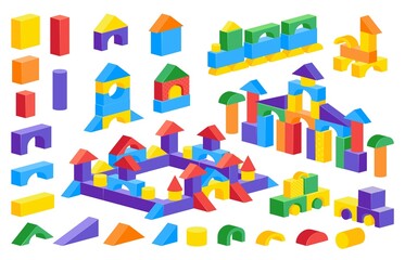 Fototapeta premium Cartoon block castle. Colorful children constructor toy, plastic brick puzzle game, building car castle. Vector cylinder cone cube parts isolated set