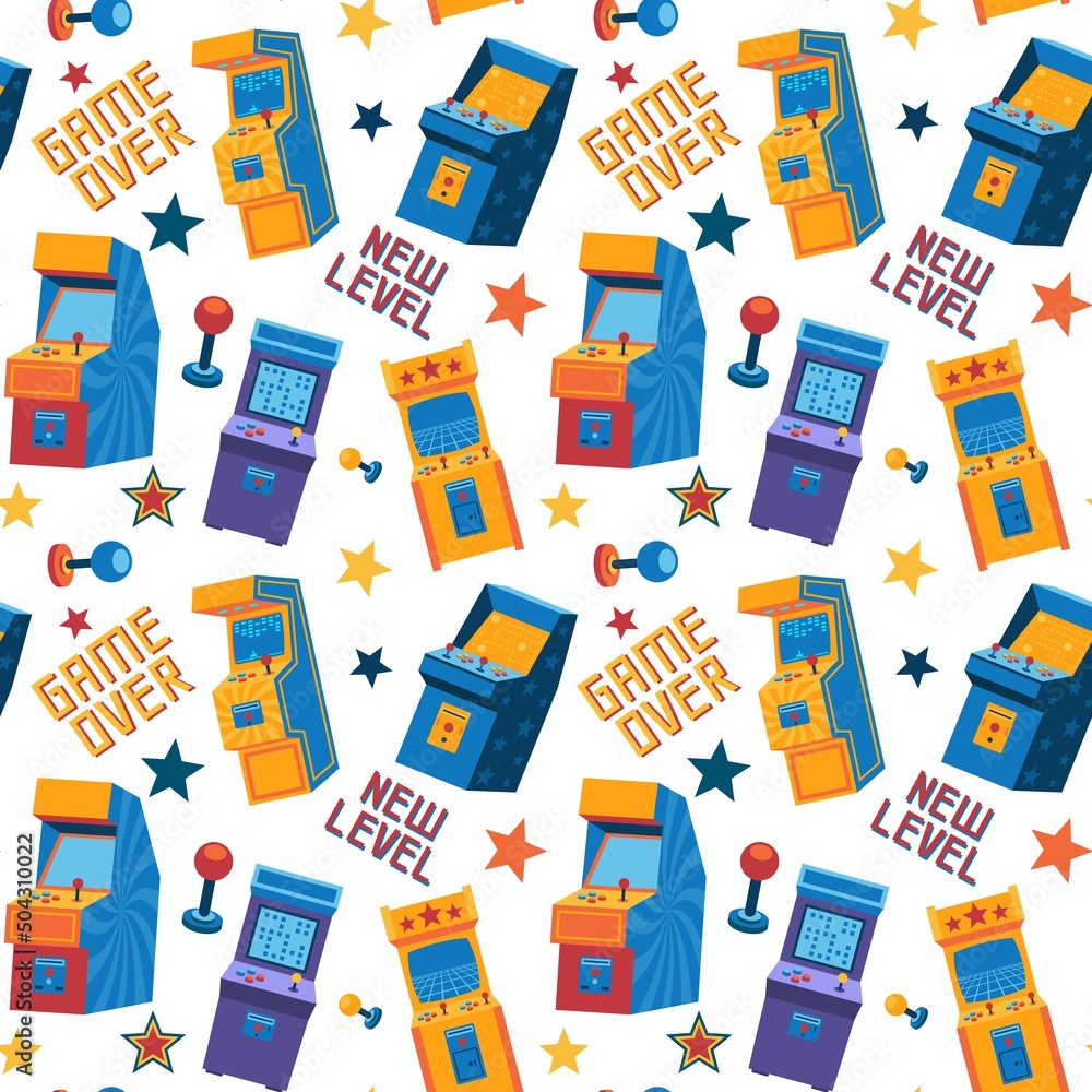 Poster game arcade pattern. seamless retro video game machine with screen and joystick, gamepad and portabl