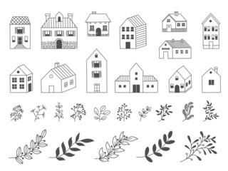 Doodle garden house. Hand drawn rural wooden building with floristic decorative elements, flowers leaves grass. Vector country cabin isolated set