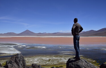 Fototapeta premium The man on the stone looks at Laguna Colorada, on Eduardo Avaroa