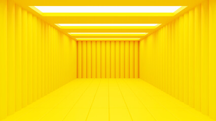 Yellow Empty Interior Space Room Studio Background Wall With Modern Roof Design, Display Products Minimalistic, 3D Rendering