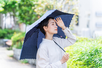 日傘をさす女性（紫外線対策・日焼け止め・UVケア・熱中症対策・日光アレルギー・体調不良） - obrazy, fototapety, plakaty