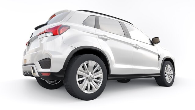 Tokyo. Japan. April 6, 2022. Mitsubishi ASX 2020. White compact urban SUV on a white uniform background with a blank body for your design. 3d illustration.