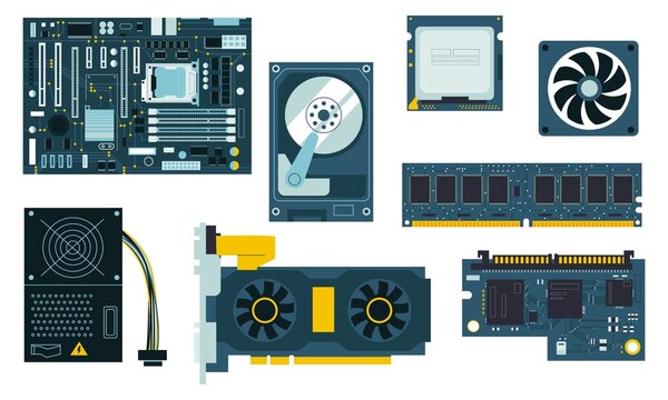PC components. CPU GPU motherboard cooler, SSD and hand drawn memory modules, system unit and power supply. Vector personal computer parts isolated set