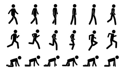 Fototapeta na wymiar Stick man walk. Black animation kit of walking running and crawling simple human silhouette icons. Vector pedestrian run and walk sequence