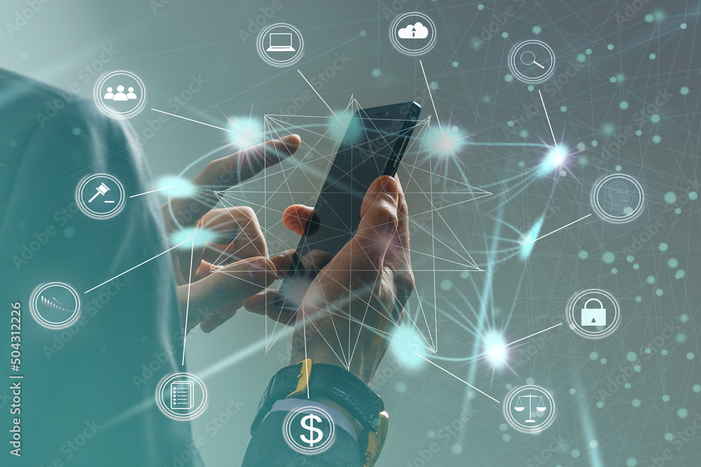 Aufkleber digital communication and virtual screen metaverse technology concept web 3.0.hand touch globe inter