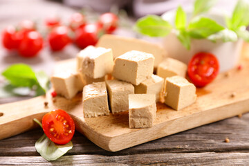 fresh tofu cutting with tomato and basil