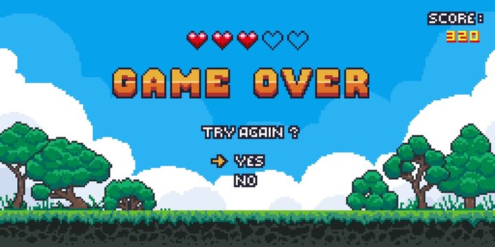 Game over background. Retro pixel 8 bit video game screen with score information, arcade landscape. Vector old classic game screen concept