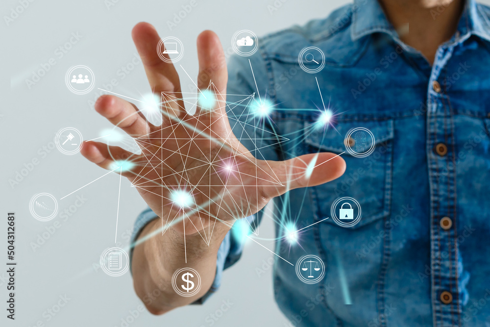 Poster digital communication and virtual screen metaverse technology concept web 3.0.hand touch globe inter
