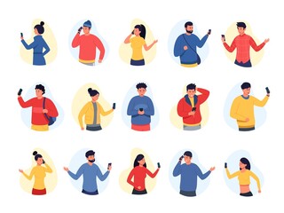 People talking on phone. Emotional characters communicating on smartphones, different reaction on conversation. Vector set