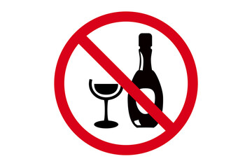 No alcohol symbol, crossed out bottle and glass on a red prohibition sign