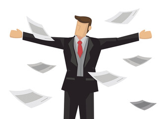 Businessman with flying documents.