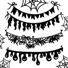 Halloween party flag streamer set. Hand drawn doodle style flags in black. Torn pieces of fabric, spider webs and stippling blobs. Elements for graphic design and Halloween decor.