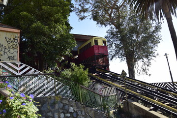 Outdoor view of Funicular railway, named Ascensor El Peral, leading up a hill in Valparaiso. VALPARAISO, CHILE