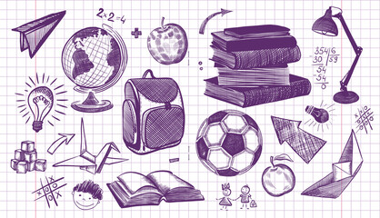 Freehand drawing school items on a sheet of exercise book. Back to School. Vector illustration. Set © Мария Неноглядова