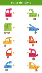Match the halves. Children educational game. Find right half for cars. Vector worksheet template for preschool lessons.