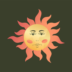 Celestial sun boho vintage style in astrology. Sun with face and rays isolated. Esoteric occult symbol for tarot. Vector illustration