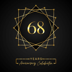 68 years Anniversary Celebration Design. 68 anniversary logo with golden frame isolated on black background. Vector design for anniversary celebration event, birthday party, greeting card.