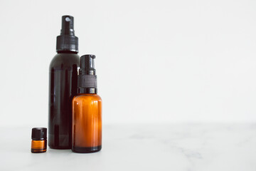 natural beauty and organic ingredients in skincare, apothecary skincare bottles on white marble