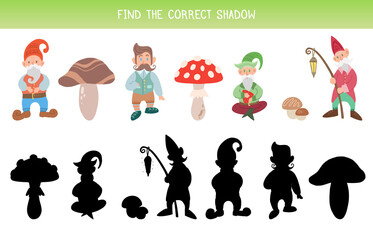 Vector fairy tale template for preschool lessons. Find the correct shadow. children educational game. Find right black silhouette - obrazy, fototapety, plakaty