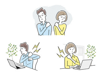 ベクターイラスト素材：肩こりがつらい男性と女性、セット
